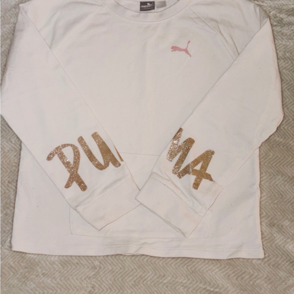 Puma Cream Pullover Sweatshirt with Pink Logo and Gold Sleeve Glitter
